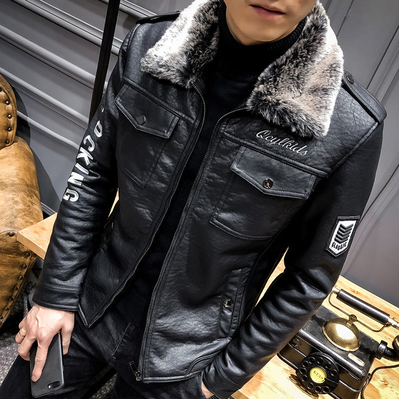 2021 New Leather Men's Fur One-piece PU Leather Jacket Motorcycle Lapel Men's Thickened Leather Korean Style Slim-fit