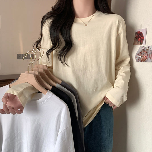 Solid Color White Base Shirt Long-sleeved T-shirt Women's Spring and Autumn 2024 New Loose Crewneck Pullover Top Ins