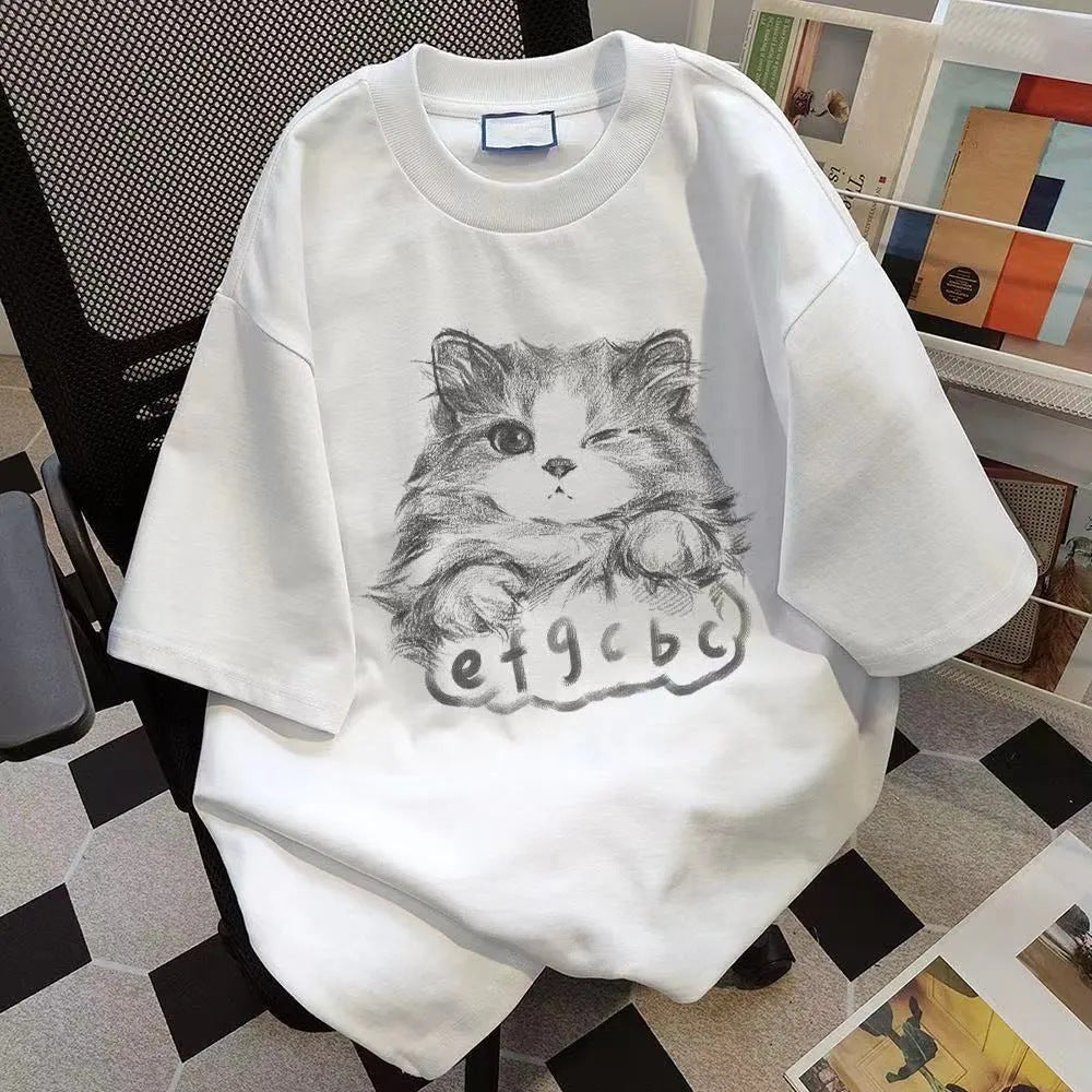 100 Cotton Cat Printed Summer Short-sleeved T-shirt Women's Loose Casual Slimming All-match Round Neck Couple Heavy Ins