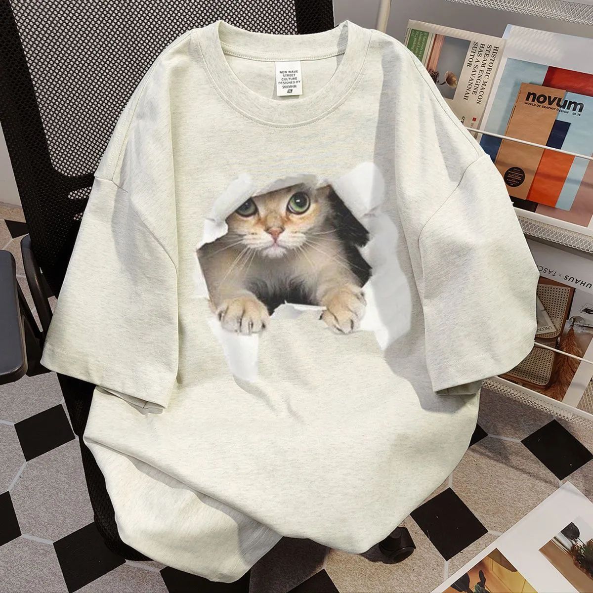 100 Cotton Cat Printed Summer Short-sleeved T-shirt Women's Loose Casual Slimming All-match Round Neck Couple Heavy Ins