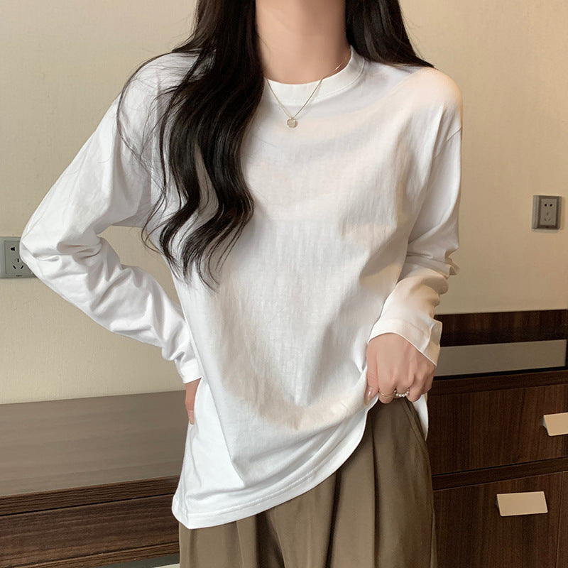 Solid Color White Base Shirt Long-sleeved T-shirt Women's Spring and Autumn 2024 New Loose Crewneck Pullover Top Ins