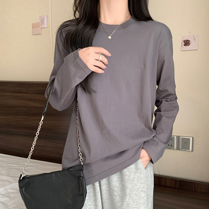 Solid Color White Base Shirt Long-sleeved T-shirt Women's Spring and Autumn 2024 New Loose Crewneck Pullover Top Ins