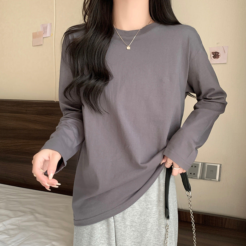 Solid Color White Base Shirt Long-sleeved T-shirt Women's Spring and Autumn 2024 New Loose Crewneck Pullover Top Ins