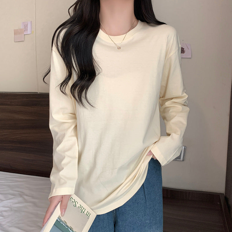 Solid Color White Base Shirt Long-sleeved T-shirt Women's Spring and Autumn 2024 New Loose Crewneck Pullover Top Ins