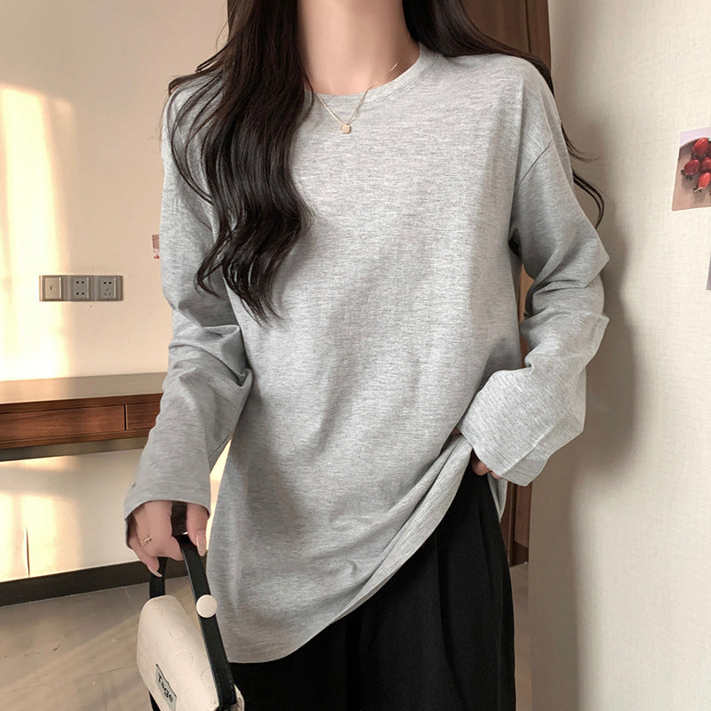 Solid Color White Base Shirt Long-sleeved T-shirt Women's Spring and Autumn 2024 New Loose Crewneck Pullover Top Ins