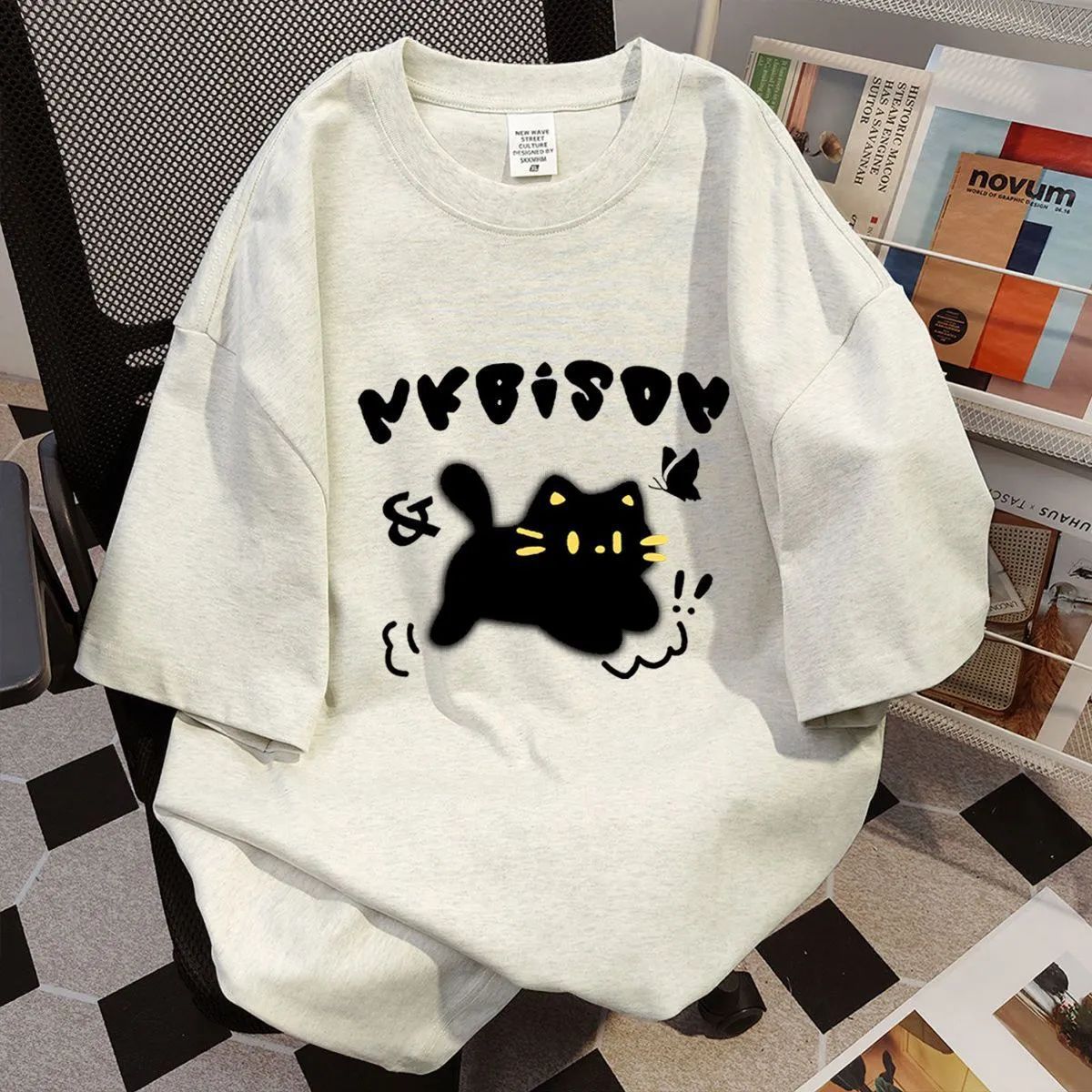 100 Cotton Cat Printed Summer Short-sleeved T-shirt Women's Loose Casual Slimming All-match Round Neck Couple Heavy Ins