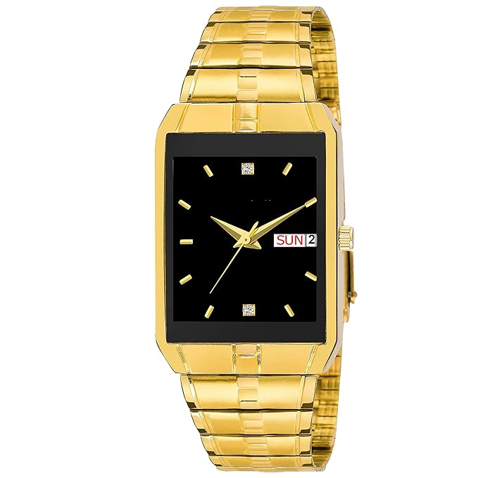 Gold Strap & Black Analogue Gold Plated Day & Date Functioning Watch for Boys & Men