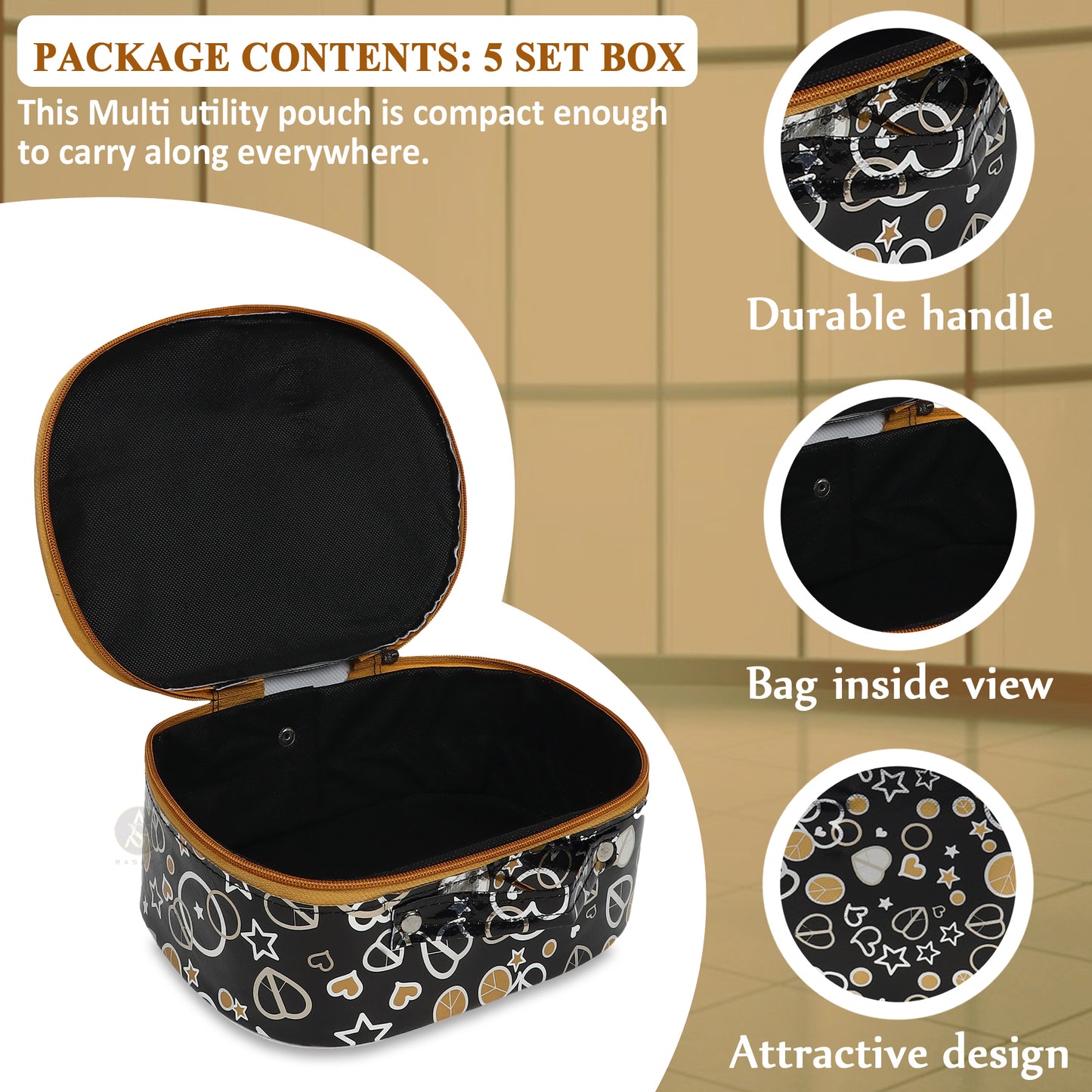 Rasafa Pack of 5 Trendy Cosmetics, Toiletry, Jewellery Box, Makeup Box, Bangle Vanity Box (Black)