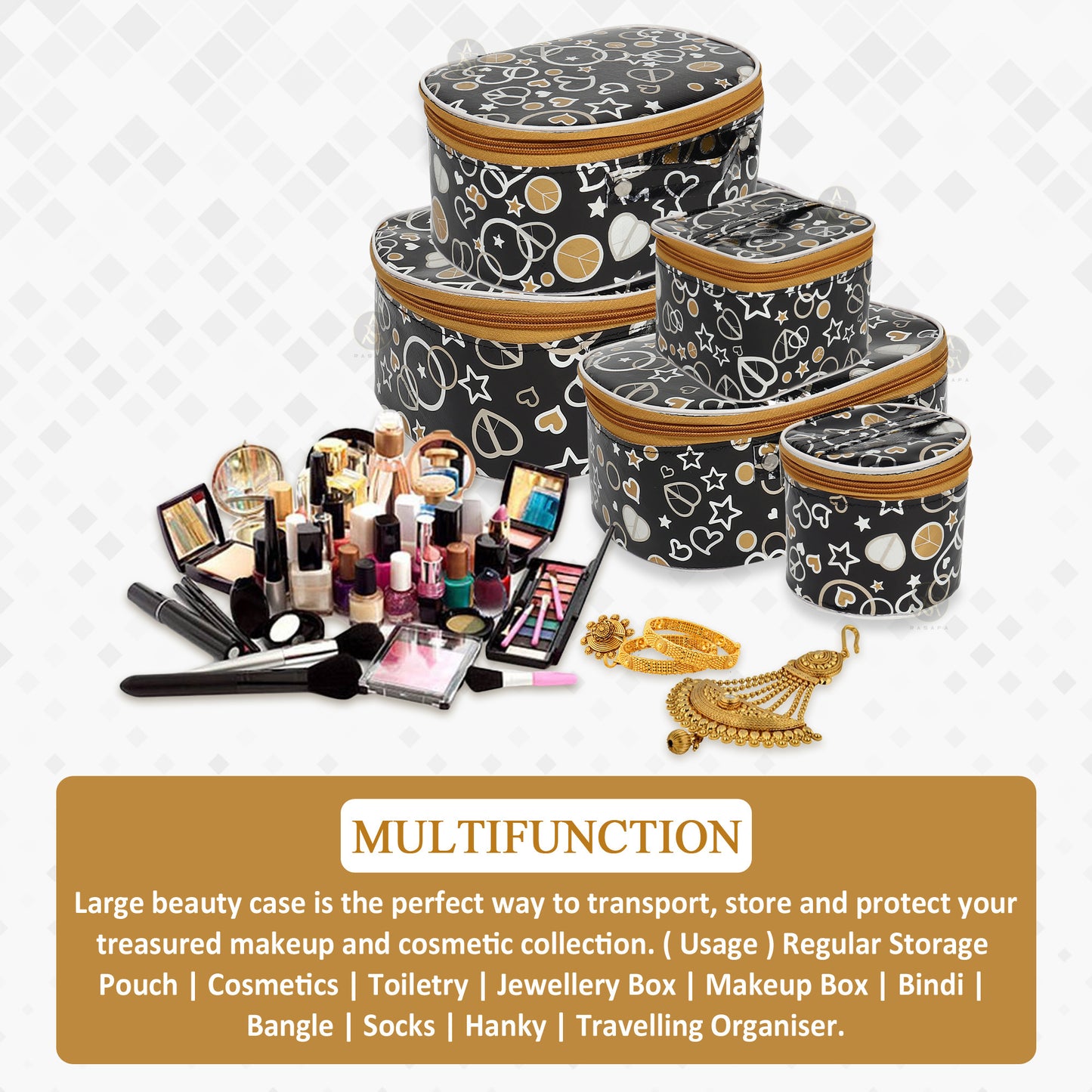 Rasafa Pack of 5 Trendy Cosmetics, Toiletry, Jewellery Box, Makeup Box, Bangle Vanity Box (Black)