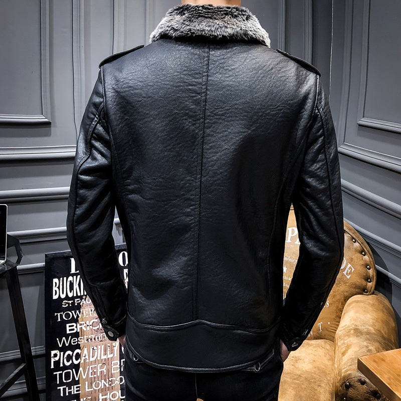 2021 New Leather Men's Fur One-piece PU Leather Jacket Motorcycle Lapel Men's Thickened Leather Korean Style Slim-fit