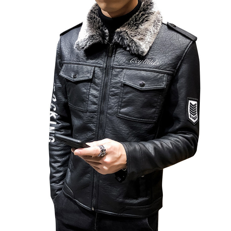 2021 New Leather Men's Fur One-piece PU Leather Jacket Motorcycle Lapel Men's Thickened Leather Korean Style Slim-fit